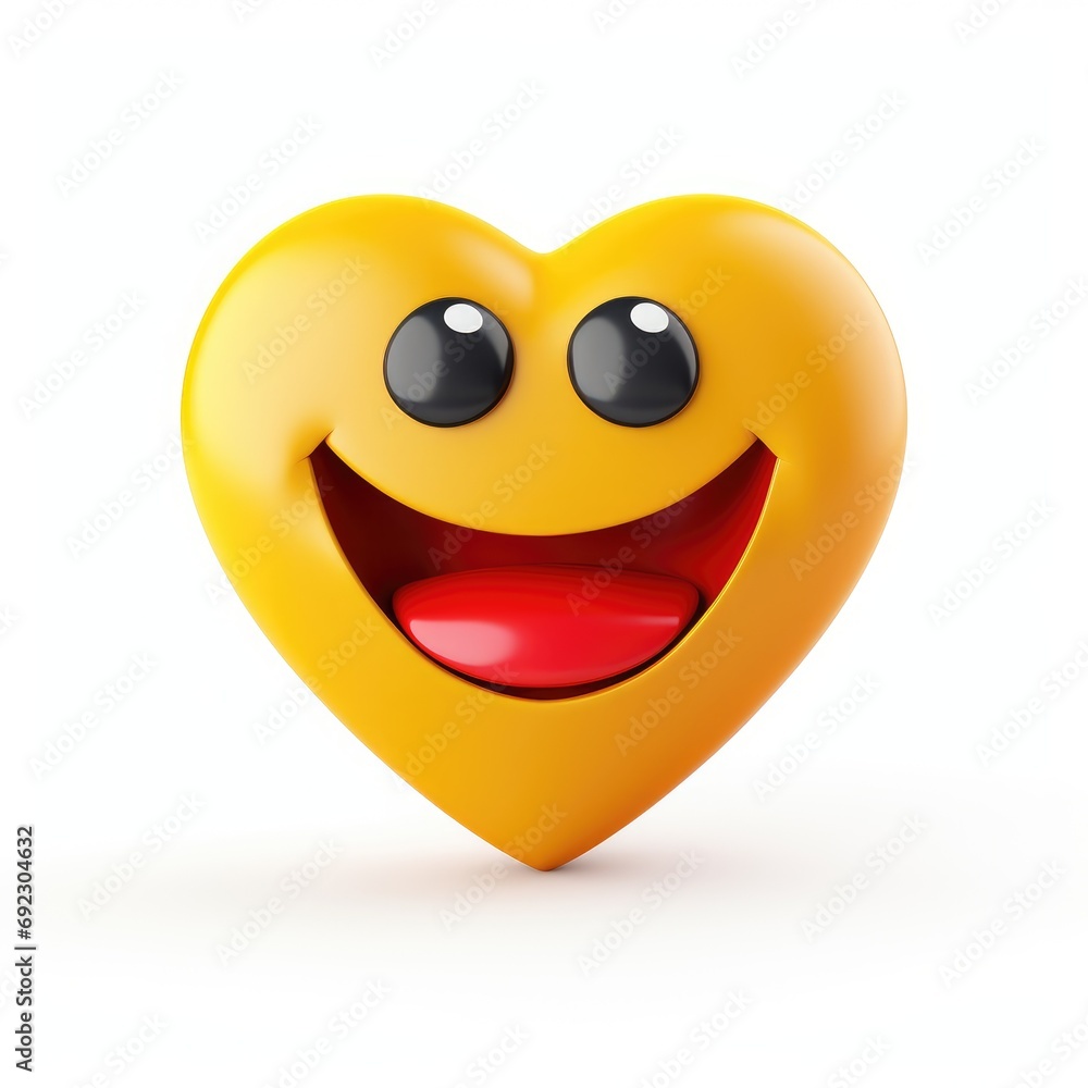 Fototapeta premium Yellow heart emoji with smiley face on white background