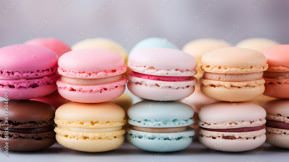 Macaroons close-up, side view. pastel colors, multi colored dessert. Empty space for your text. Cookies, pastries, flour products. Macaroons close-up, side view. pastel colors, multi colored dessert. Empty space for your text. Cookies, pastries, flour products.