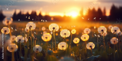 A field of dandelions under the sunset's warm glow, with bokeh effects, evoking the beauty of nature and the potential for allergies #692304880