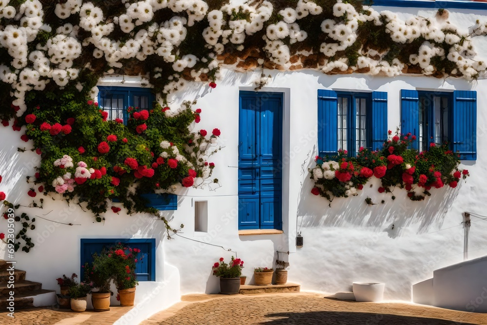 **traditional south portugal white houses covered with flowers in algarve.