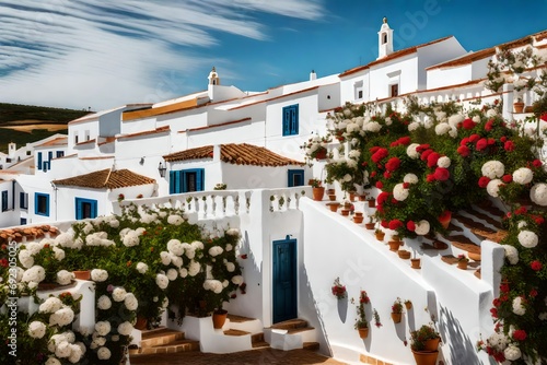 traditional south portugal white houses covered with flowers in algarve.