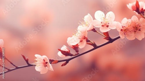 the blooming of cherry blossom flowers on a light background,
