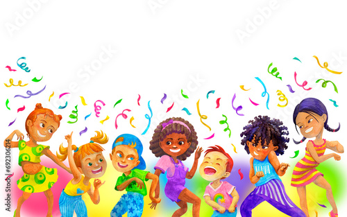 Background watercolor arrangements with dancing children and holiday elements. Banner or frame for kids party invitation design