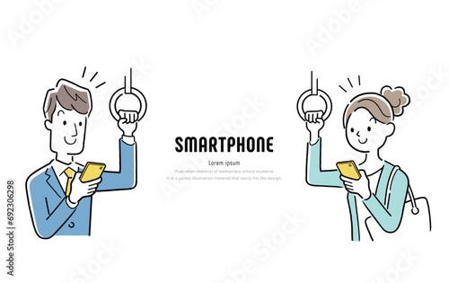 ベクターイラスト素材：電車やバスなどでスマートフォンを使う人物セット
