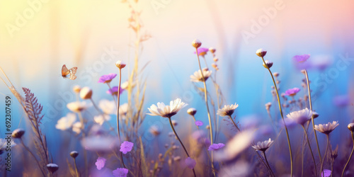 wild flowers chamomile, purple wild peas, butterfly in morning haze in nature close-up macro. Landscape wide , copy space, cool blue tones. Delightful pastoral airy artistic