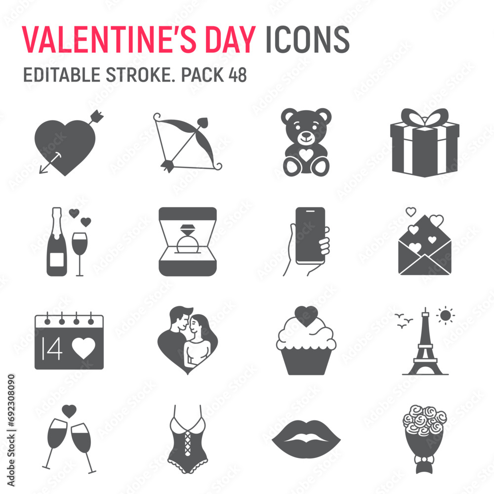 Valentines day glyph icon set, wedding collection, vector graphics, logo illustrations, Valentines day vector icons, love signs, solid pictograms, editable stroke Valentines day glyph icon set, wedding collection, vector graphics, logo illustrations, Valentines day vector icons, love signs, solid pictograms, editable stroke
