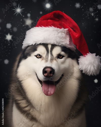 siberian husky with santa hat on black background.