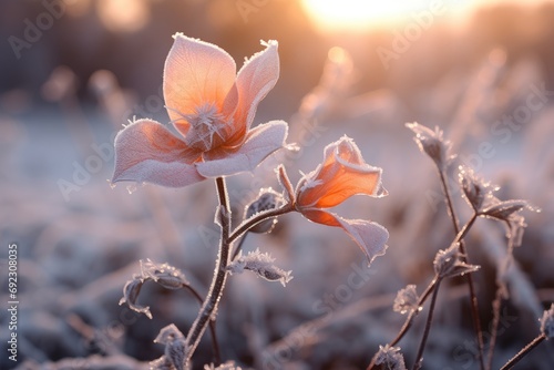 Frosty Petals: Showcase the fairy as she dances on a frozen flower, emphasizing the delicate frost patterns on the petals.  © OhmArt