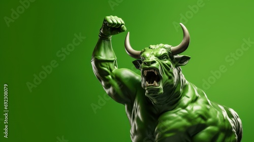 Muscle bull gesture fist pump, bull showing fighting pose on green background, bullish divergence in stock market and cryptocurrency trading