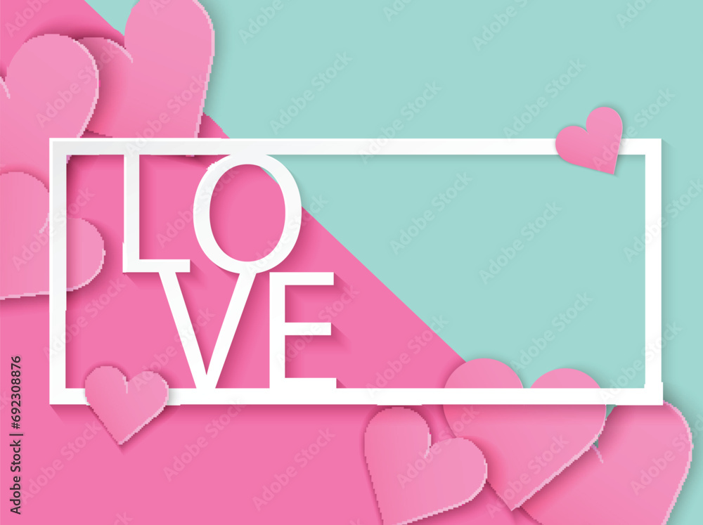 Love card design, pink heart and White love text. light and shadows , pastels color paper art background . Vector. Love card design, pink heart and White love text. light and shadows , pastels color paper art background . Vector.