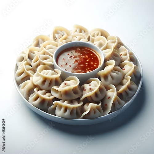 Xiao long bao dumpling with sauce on a white plate in white background photo