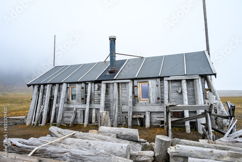 Old, historic, rustic trappers cabin at Bamsebu, Svalbard, Arctic, polar adventure travel and tourism
 photo