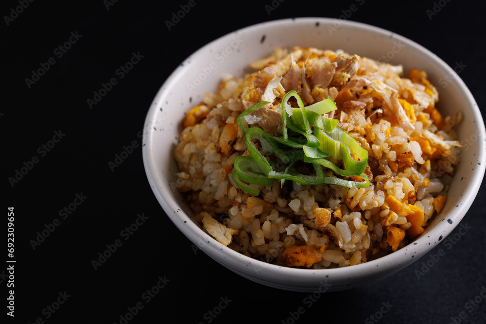 Japanese fried rice yakimeshi isolated in black background Japanese fried rice yakimeshi isolated in black background