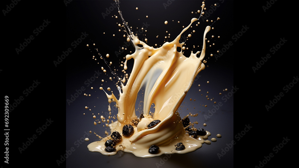 splash of milk mixture with honey and black cumin. photo realistic - obrazy, fototapety, plakaty 