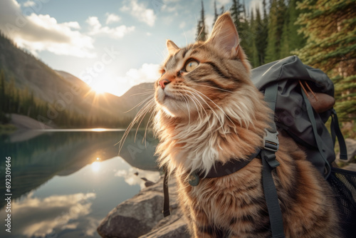 Close up of cat hiker with backpack enjoying adventures in background of beautiful river and landscape. Animal concept of trekking and travel. © cwa