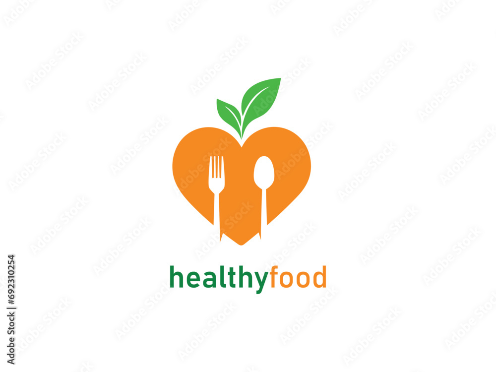 healthy food logo design with spoon and leaf elements and heart icon