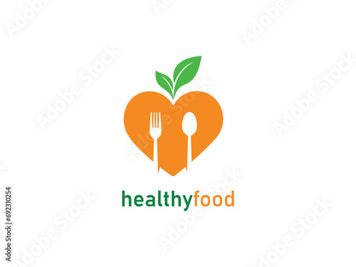 healthy food logo design with spoon and leaf elements and heart icon