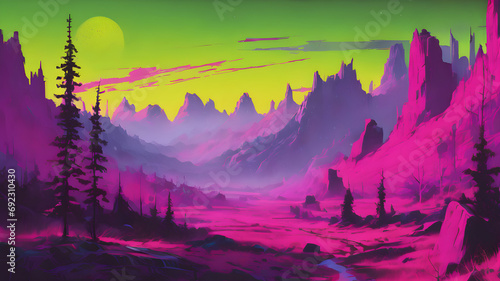 Neon purple Magical surreal and dreamy planet with glowing mystery starry