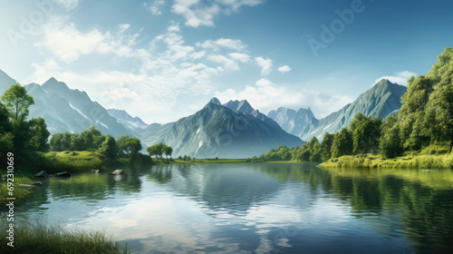 Tranquil lakefront showcasing mountains in the distance