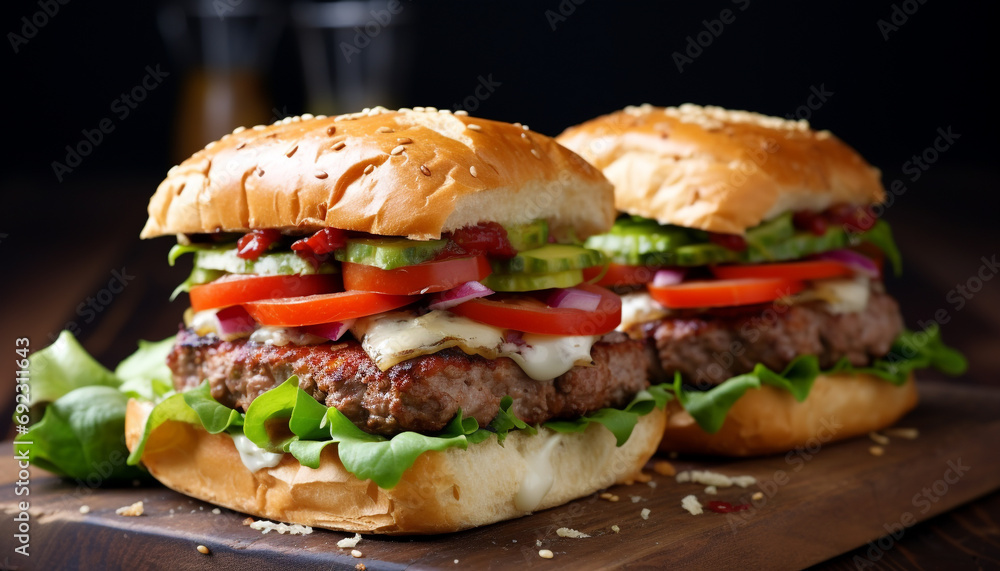 Grilled beef burger with melted cheddar cheese generated by AI Grilled beef burger with melted cheddar cheese generated by AI