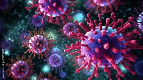 Viruses cells Background. Viral disease epidemic, Microscopic respiratory influenza virus cells. Coronavirus flu infection © CYBERUSS