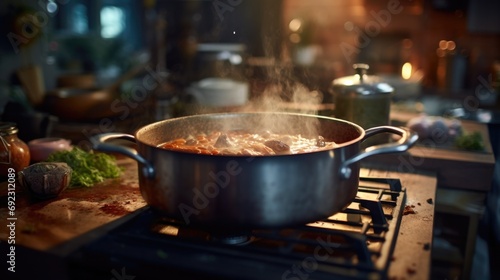 A pot of food cooking on a stove. Generative AI.