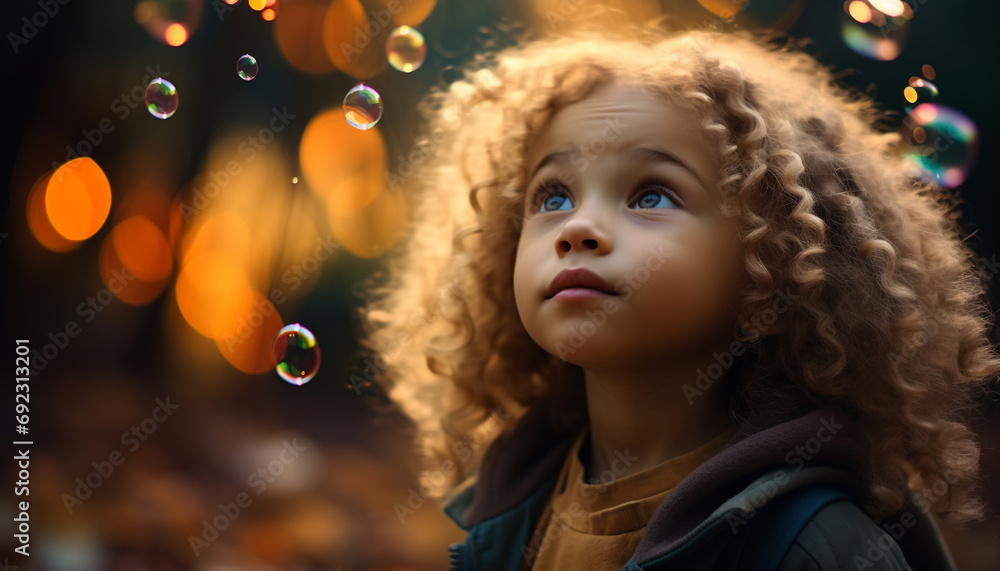 Smiling child blowing bubbles, enjoying carefree summer generated by AI Smiling child blowing bubbles, enjoying carefree summer generated by AI