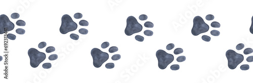 Dog paw seamless border. Black puppy or cat paw track. Abstract endless animal background photo