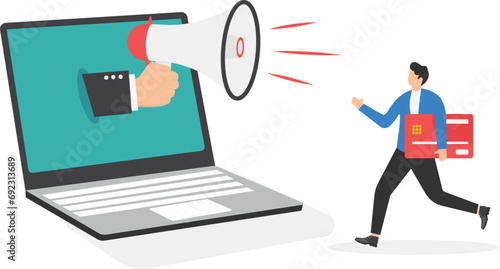 Online marketing strategy, reaching customer through social media, e-commerce website concept. Megaphone coming out laptop screen to telling promotion for woman customer with credit card.


