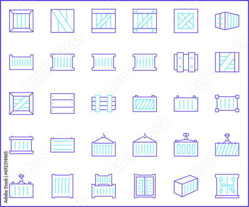 Set of box and container line style. It contains such as open box, package, wooden crate, cargo, logistics, port, packaging and other elements.