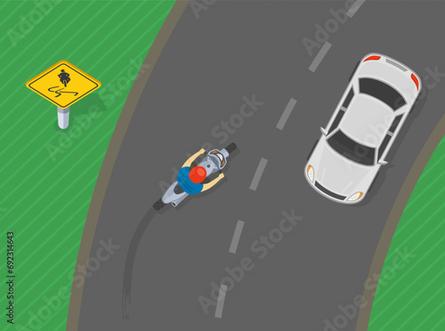 Safe driving tips and traffic regulation rules. Top view of a bike rider turning on a high risk area. Australian slippery road for motorcycle sign. Flat vector illustration template.