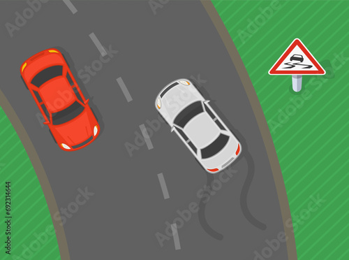 Safe driving tips and traffic regulation rules. Top view of a traffic flow on a slippery road sign area. Flat vector illustration template.