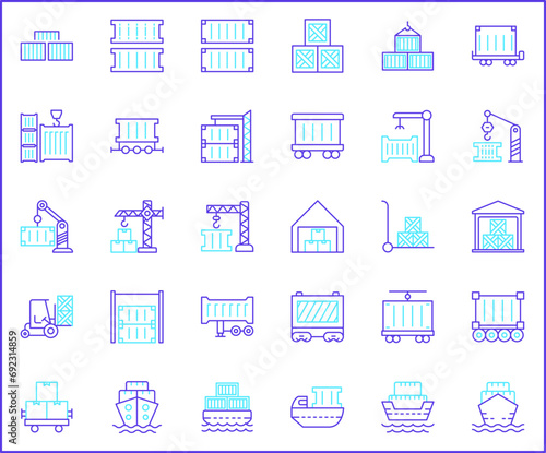 Set of box and container line style. It contains such as open box, package, wooden crate, cargo, logistics, port, packaging and other elements.