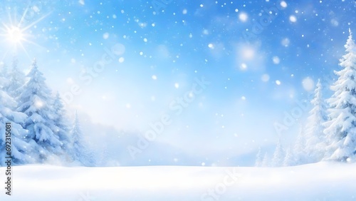 Winter Christmas background. Winter blue sky with falling snow, snowflakes with a winter landscape