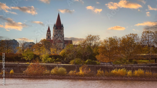 Photography The sunset view at Church Heiliger Franz of Assisi at Mexikoplatz, Vienna, Austr