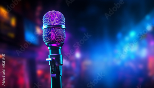 Illuminated stage, microphone stand, audience, performing arts event generated by AI