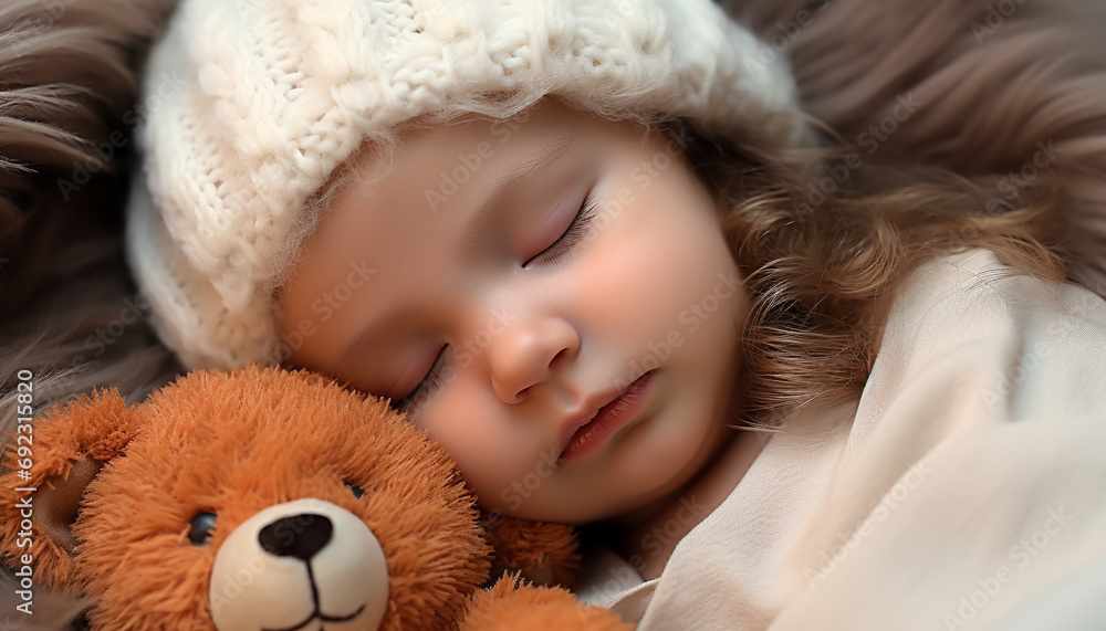 Cute baby sleeping, embraced by soft teddy bear generated by AI Cute baby sleeping, embraced by soft teddy bear generated by AI