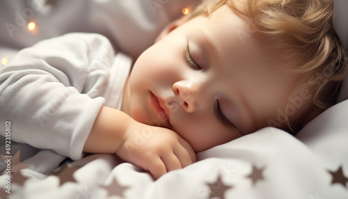 Cute baby girl sleeping peacefully in comfortable bed generated by AI