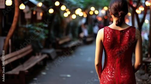 A woman in a red dress walking down a street looking latern street. A captivating image suitable for fashion blogs, lifestyle magazines, and advertising campaigns targeting women's fashion and urban l