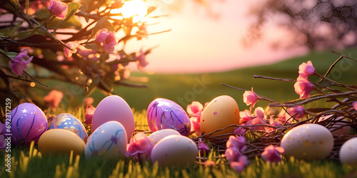 Colorful traditional celebration easter paschal eggs photo, Easter decorative eggs arrangement, easter eggs, flowers and other decorations on a wooden table, generative AI

 photo