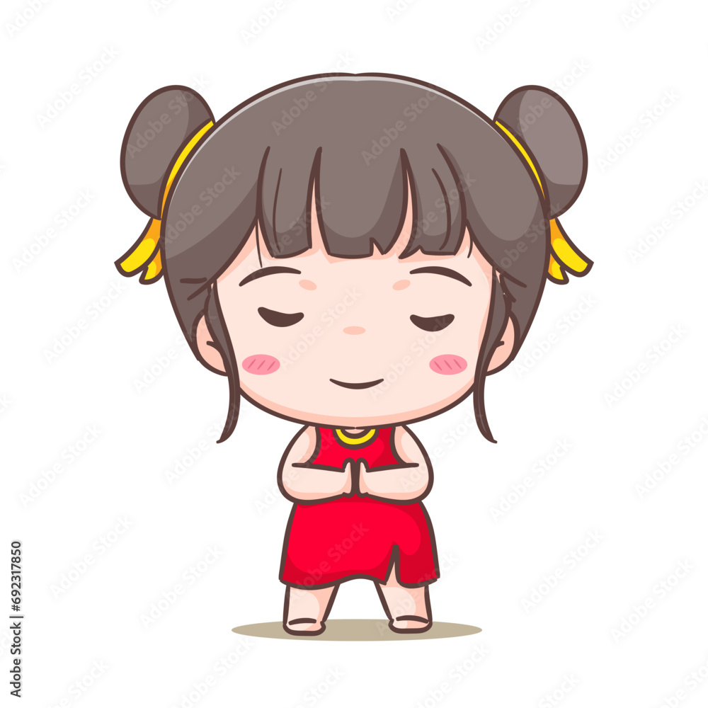 Cute girl celebrate Chinese new year cartoon vector illustration. Chinese year concept design. Adorable chibi hand drawn. Isolated white background. Cute girl celebrate Chinese new year cartoon vector illustration. Chinese year concept design. Adorable chibi hand drawn. Isolated white background.