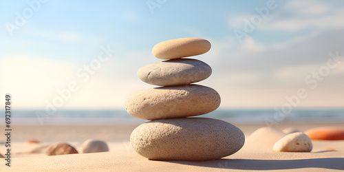 Sea pebbles tower closeup. Pebbles sculpture made on Barcelona beach. Beautiful soft background Zen relax banner background A stack of pebbles on a beach with the ocean in the background.    