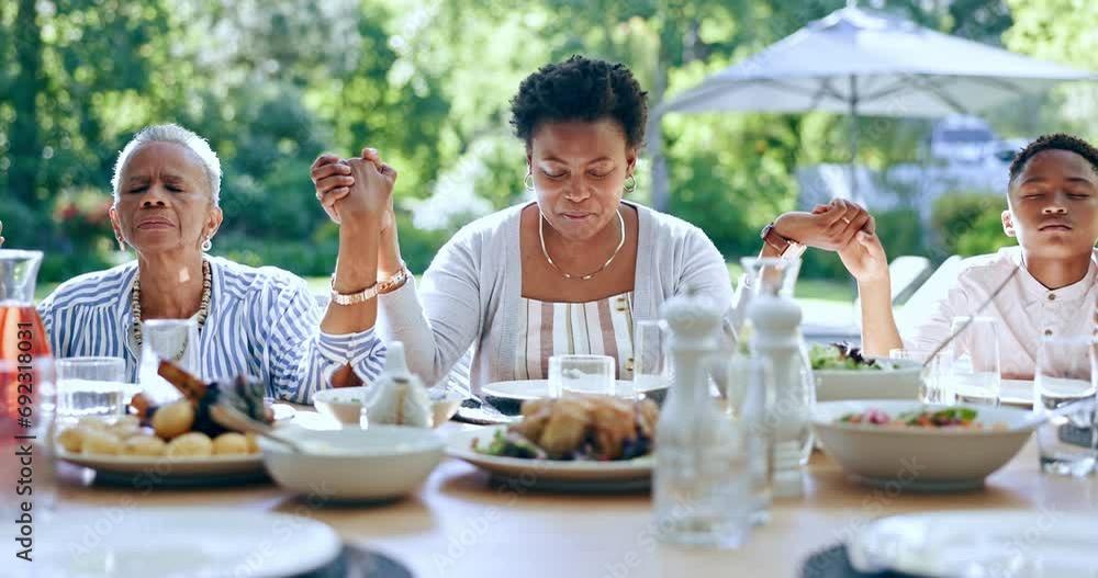 Family, hands and praying in outdoors for lunch, worship and spirituality for soul, support and belief. Black people, food and blessing or forgiveness from god, gratitude and trust in religion Family, hands and praying in outdoors for lunch, worship and spirituality for soul, support and belief. Black people, food and blessing or forgiveness from god, gratitude and trust in religion
