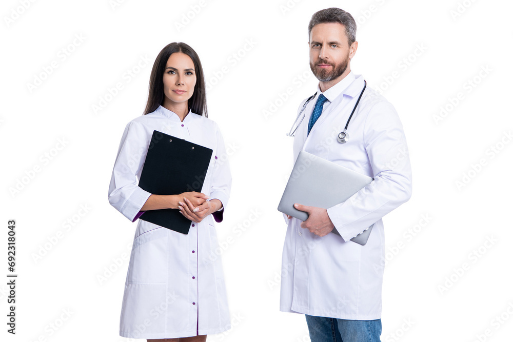 medicine and healthcare. doctor at hospital. doctor hold medical prescription. doctor internist with clipboard isolated on white. prescriber physician with nurse. prescription. patient consent - obrazy, fototapety, plakaty 
