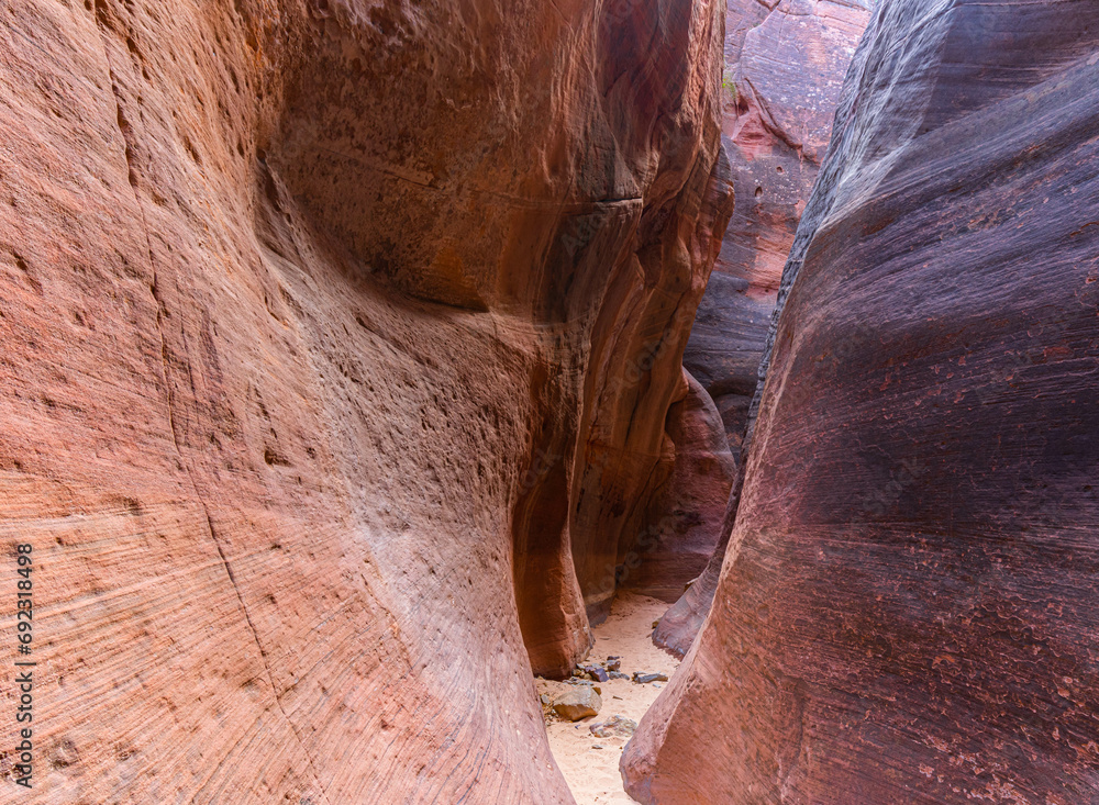 The Red Sandstone Walls of Red Hollow Slot Canyon, Orderville, Utah, USA The Red Sandstone Walls of Red Hollow Slot Canyon, Orderville, Utah, USA