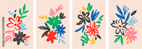 Modern abstract floral vector compositions. Collage contemporary bouquets. Hand drawn cartoon style flowers. Minimalism © zenina