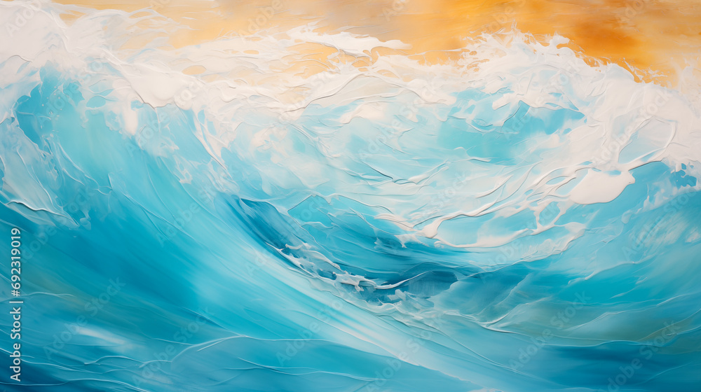 Obraz premium Beach seascape ocean waves arial top view, colorful sea or ocean water waves and sandy beach sand. Summer art tropical background with teal, aqua, blue seacoast ocean foam wave by Vita