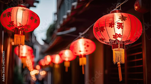 A close-up of a street with many red lanterns hanging from it,festive ambiance of a street decorated with red lanterns,cultural festivals, holiday promotions, and travel.chinese lanterns in the temple