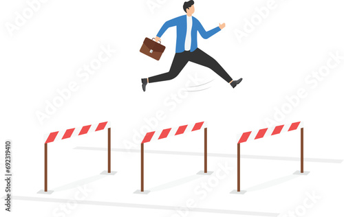 Businessman jumping higher over hurdle. Business concept

