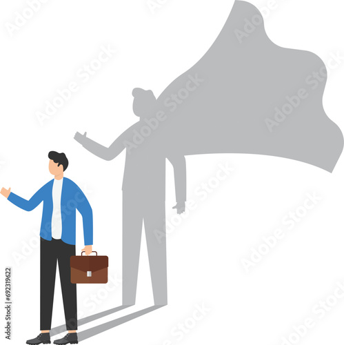 Businessman dreams of becoming a superhero. Confident handsome young man standing superhero shadow concept illustration.


